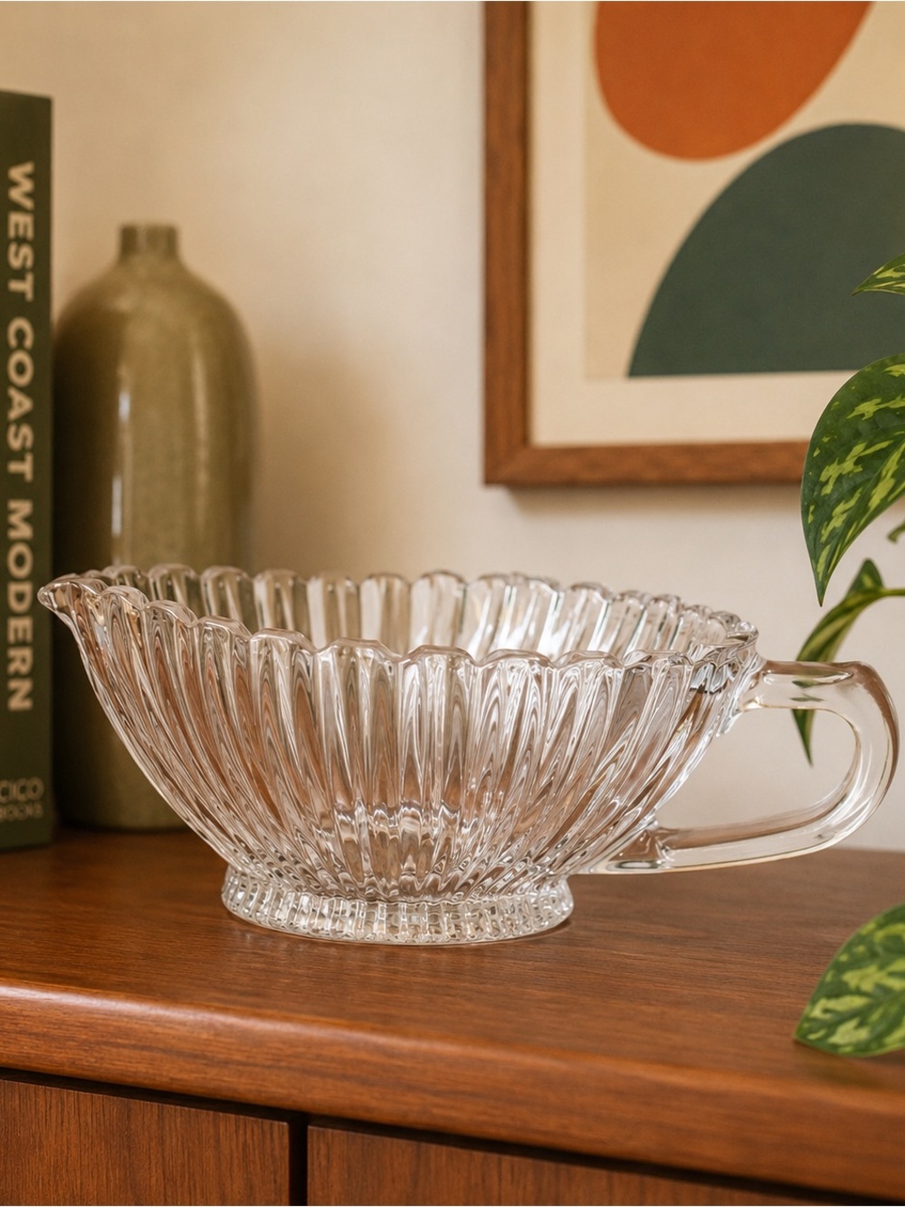 Clear Ribbed Pressed Glass Gravy Boat Scalloped Sawtooth Rim Vintage MCM 10 oz